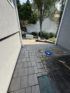 Narrow paver walkway between two houses part-way through cleaning, with a visible line between the washed and unwashed sections.