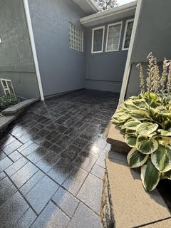 The same passage finished, the pavers dark and evenly sealed, with a hosta bed alongside.